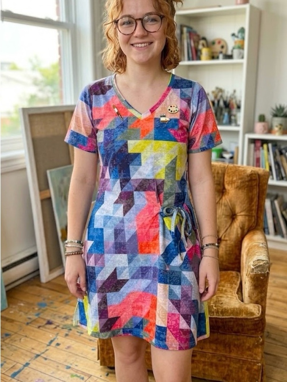 Miss Nikky Rainbow Geometric Houndstooth V-Neck Dress Abstract Eclectic Artsy